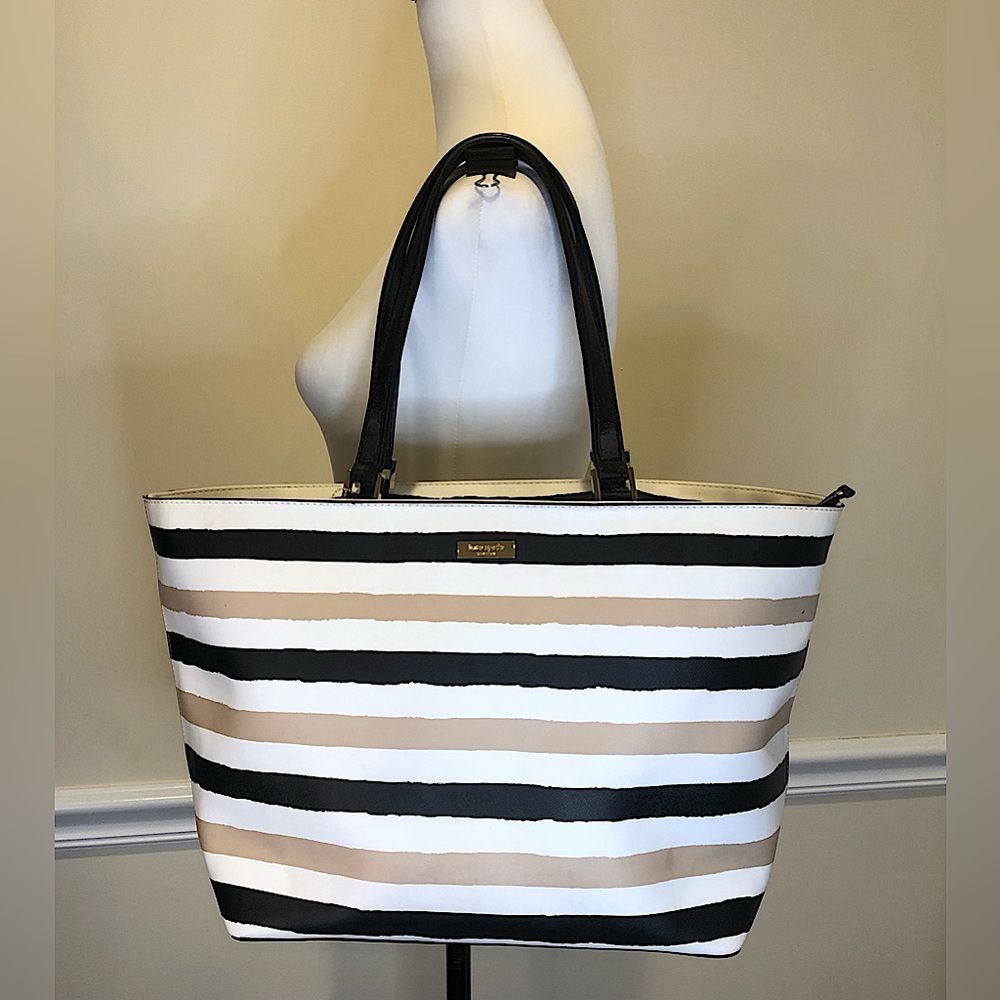 KATE SPADE Striped Zip Closure Top Handle Oversized Work Tote Beach Bag